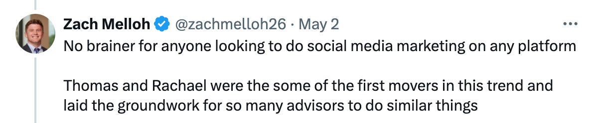 No brainer for anyone looking to do social media marketing on any platform Thomas and Rachael were the some of the first movers in this trend and laid the groundwork for so many advisors to do similar things