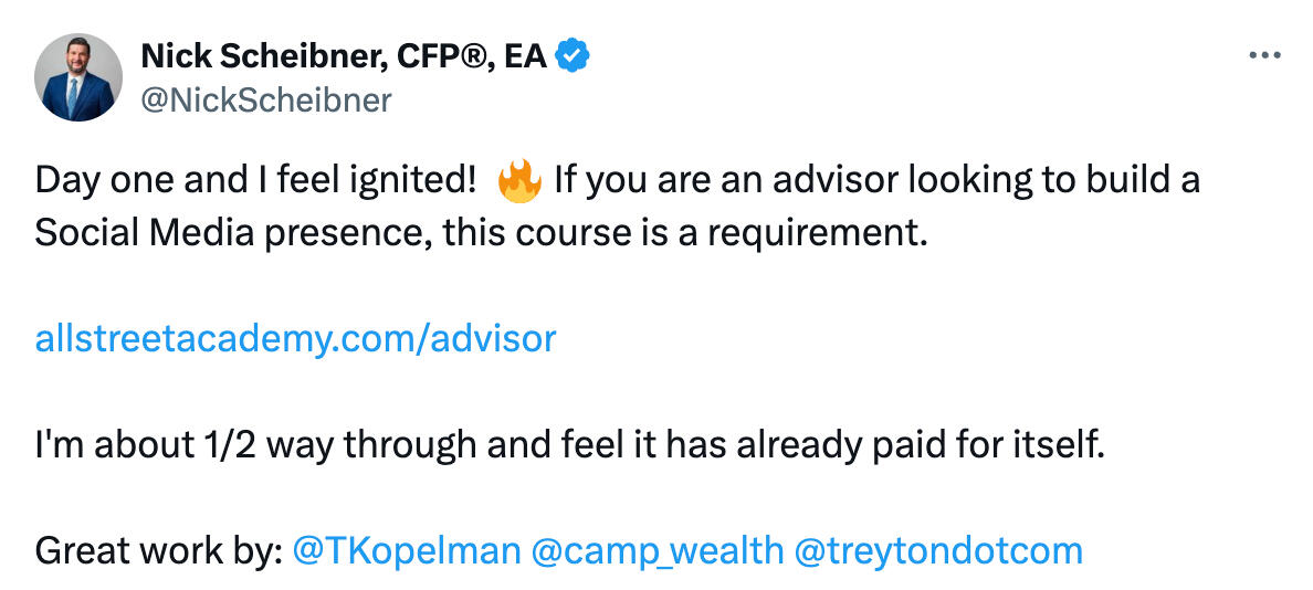 Day one and I feel ignited! 🔥 If you are an advisor looking to build a Social Media presence, this course is a requirement. https://allstreetacademy.com/advisor I'm about 1/2 way through and feel it has already paid for itself. Great work by: @TKop